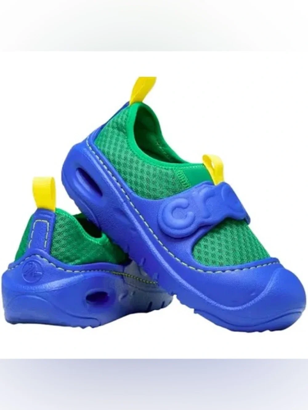 CROCS Kids Blue & Green Athletic Water Shoes with Yellow Pull Tabs Size 12